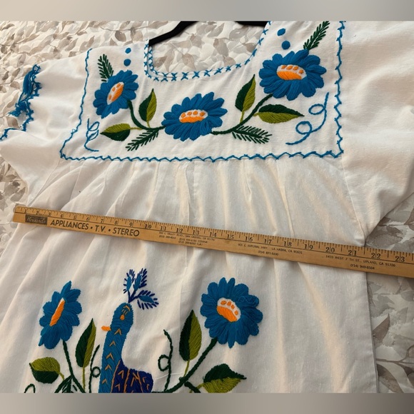 Mexican Style Hand Embroidered Dress - White  with Floral Accents - Picture 6 of 7
